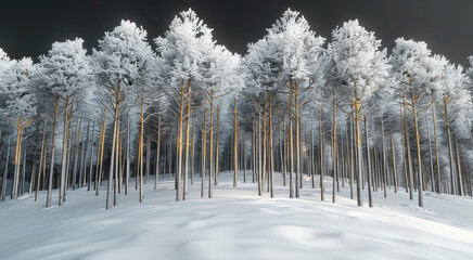 Poster - A forest of tremendous pine trees covered by snow, with a lot of space and deep between them.