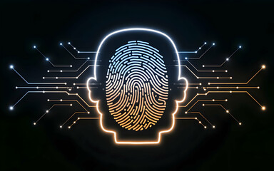 Poster - Fingerprint Identity: A glowing fingerprint, symbolizing the unique identity of an individual, is presented within a digital circuit, highlighting the concept of biometrics and cybersecurity.  