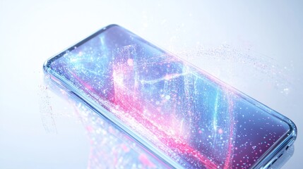 Poster - phone design featuring a sleek, ultra-thin body with a transparent display that showcases vibrant ho