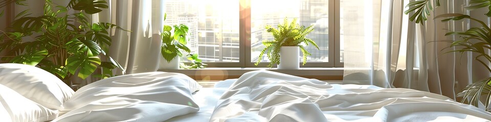 Wall Mural - White linen bed with green plants by the window, sunlight streaming through, gently fluttering curtains, and a modern city view, creating a relaxing and serene atmosphere.