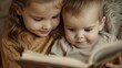 © Z A C - A young girl with long hair and a brown shirt is reading a book to a baby b-oy with short hair and a beige shirt.