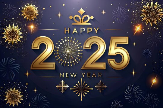 Premium happy new year 2025 design. With illustrations of numbers and pieces of gold paper and luxurious gold ribbon.
