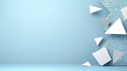 Poster - Abstract Geometric Background  Light Blue   White 3D Shapes  Triangles  and Textured Wall