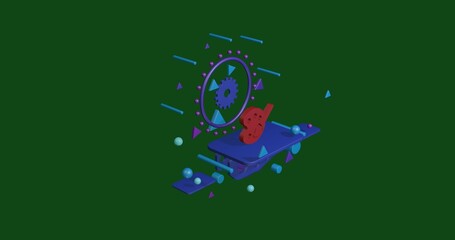 Poster - Red palette symbol on a pedestal of abstract geometric shapes floating in the air. Abstract concept art with flying shapes in the center. 3d illustration on green background