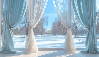 Wall Mural - Window view to a snowy park on a sunny day, with light blue curtains on the sides and open white tulle curtains in the center, highlighting a clear blue sky.