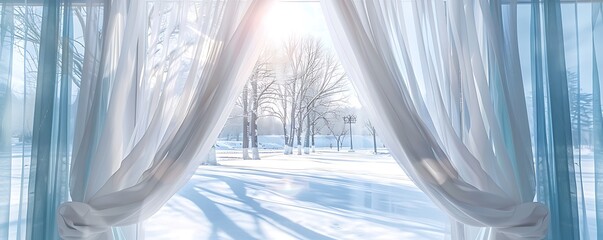 Wall Mural - Winter Park on a bright sunny day, viewed through a window with white tulle curtains parted in the center and light blue curtains on the sides.