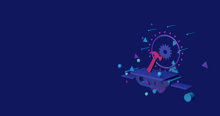 Poster - Pink hammer symbol on a pedestal of abstract geometric shapes floating in the air. Abstract concept art with flying shapes on the right. 3d illustration on indigo background