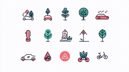 Wall Mural - Set of eco-friendly icons, featuring various transportation, nature, and sustainability elements in a modern, minimalist style.