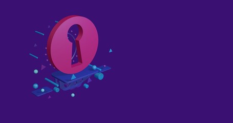 Poster - Pink keyhole symbol on a pedestal of abstract geometric shapes floating in the air. Abstract concept art with flying shapes on the left. 3d illustration on deep purple background