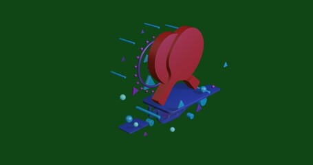 Poster - Red crossed ping pong rackets symbol on a pedestal of abstract geometric shapes floating in the air. Abstract concept art with flying shapes in the center. 3d illustration on green background
