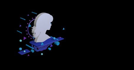 Poster - White woman face profile symbol on a pedestal of abstract geometric shapes floating in the air. Abstract concept art with flying shapes on the left. 3d illustration on black background