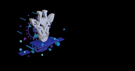 Poster - White giraffe head symbol on a pedestal of abstract geometric shapes floating in the air. Abstract concept art with flying shapes on the left. 3d illustration on black background