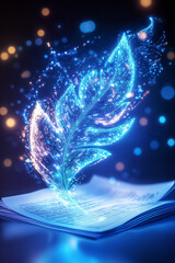 Poster - A vibrant blue feather emits a soft glow as it hovers over an open book, with shimmering lights in the background