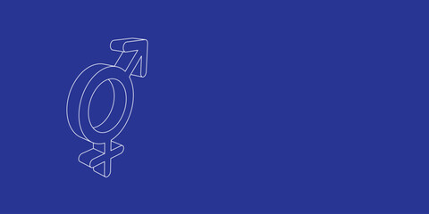 Poster - The outline of a large bigender symbol made of white lines on the left. 3D view of the object in perspective. Vector illustration on indigo background