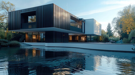 Aufkleber - Outside view of luxury modern mansion by water.