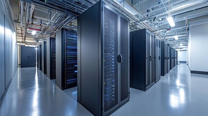 Poster - A clean, white server room with rows of black servers lit with bright white lights.