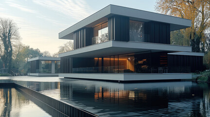 Aufkleber - Outside view of luxury modern mansion by water.