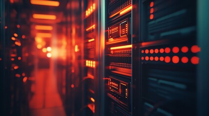 Poster - A server room with many servers, lit with red and orange lights.