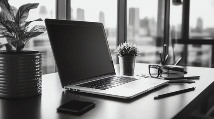 Poster - A laptop sits on a desk in a home office with a plant, pencils, and a window.