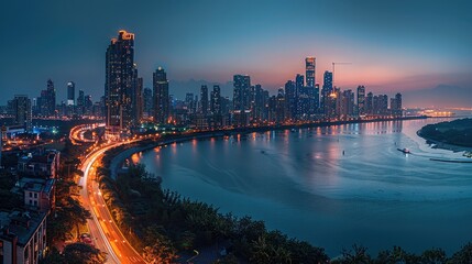 Aufkleber - A panoramic view of the city skyline at night, showcasing its modern architecture and vibrant lights. Aerial high view.