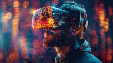 Poster - A man wearing a virtual reality headset, immersed in a digital environment with colorful glitch effects.