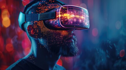 Poster - A man wearing a virtual reality headset, immersed in a digital environment with colorful glitch effects.