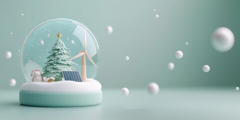Wall Mural - a soft, clay-like 3d illustration in pastel tones. a snow globe with a christmas tree, a solar panel