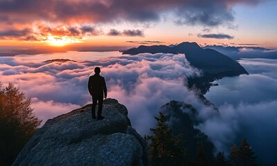 Wall Mural - A person stands on a rocky ledge, overlooking a breathtaking sunset above the clouds and mountains.