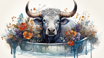 Wall Mural - Majestic bull with horns and bright flowers sitting in the bathtub, art design painting 