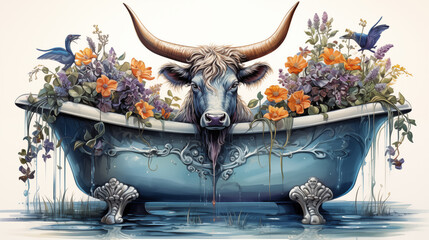 Wall Mural - Majestic bull with horns and bright flowers sitting in the bathtub, art design painting 