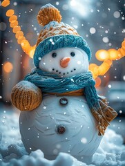 Aufkleber - A happy snowman on a winter background with copy space and a bokeh effect.