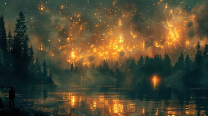 Wall Mural - A forest with a lake in the background