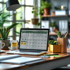 Poster - A modern office desk setup with a laptop, surrounded by planning tools like a physical calendar, sticky notes, and a checklist notebook.