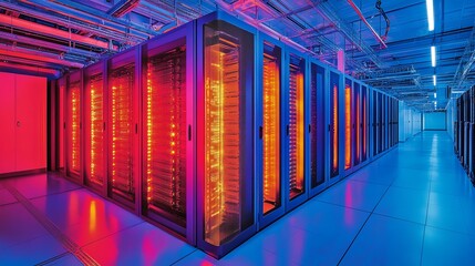 Poster - A server room with many servers lit with blue and orange lights.