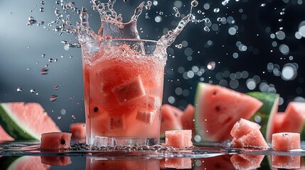 Poster - A watermelon juice into a transparent glass, creating a splash effect with watermelon cubes.