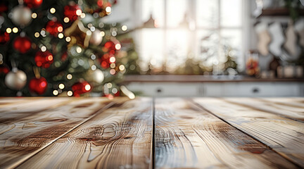 Poster - An empty kitchen deck for product display in Christmas blurry interior.