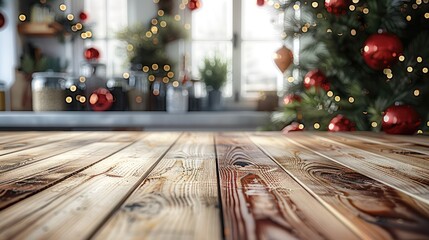 Poster - An empty kitchen deck for product display in Christmas blurry interior.