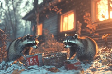 Two raccoons rummaging through an open trash can in front of a cozy suburban house at night. Generative AI