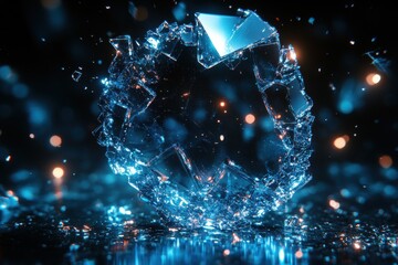 Poster - Stunning Abstract Composition of Shattered Glass Sphere Surrounded by Glowing Particles and Light in a Dark Background, Perfect for Modern Design Projects