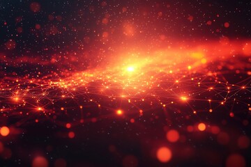 Poster - Stunning Abstract Background with Bright Red and Orange Particles, Sparkling Lights, and Glowing Lines, Evoking a Sense of Movement and Innovation in Digital Universe