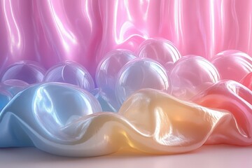 Poster - Soft Pastel Waves and Bubbles with Shimmering Texture on Satin Draped Background in Gradient Shades of Pink, Blue, and Yellow for Creative Abstract Designs