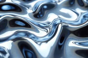 Poster - Smooth, Shiny Metallic Surface with Fluid Waves and Reflections in Silver and Dark Tones, Capturing Elegance and Modern Aesthetics for Background or Texture Use