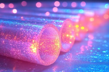 Poster - Shimmering Abstract Background with Glowing Glitter Tubes and Colorful Bokeh Effects for Creative Design and Artistic Projects