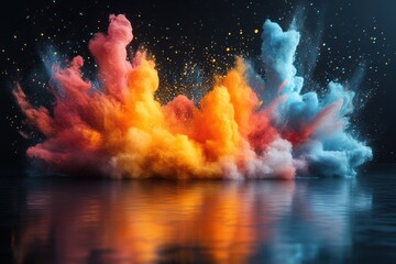 Poster - Dynamic Explosion of Colorful Dust Against Dark Background Capturing Vibrant Swirls of Orange, Blue, Pink, and Yellow in Stunning Visual Display of Motion and Aesthetics