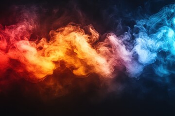 Poster - Colorful wisps of smoke flowing in vibrant orange, blue, and white colors against a dark background, creating an abstract and dynamic visual representation.
