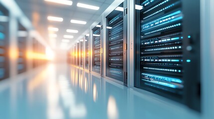 Poster - A long hallway in a server room with rows of computer servers.