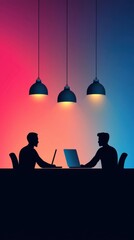 Poster - two silhouettes working at a modern desk with laptops under stylish pendant lights in a gradient bac