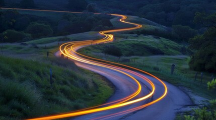 Poster - The gentle curves and bends of a rural road are enhanced by the dreamy light trails of passing cars.