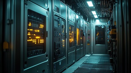 Poster - A dimly lit corridor of server racks in a data center.