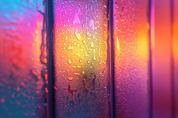 Poster - Colorful Reflections and Droplets on a Glass Surface with Bright Neon Lights Creating a Vibrant Atmosphere for Mood Setting and Artistic Photography